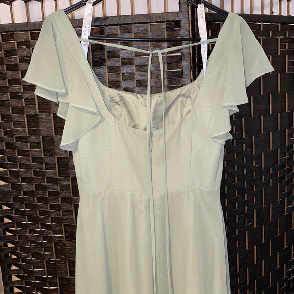 AZAZIE “Bondi” Pistachio A-Line Ruffled Chiffon Floor-Length Bridesmaid Dress - Picture 6 of 7